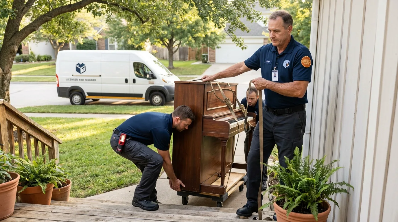 Licensed piano movers securing grand piano in Rogersville, AL