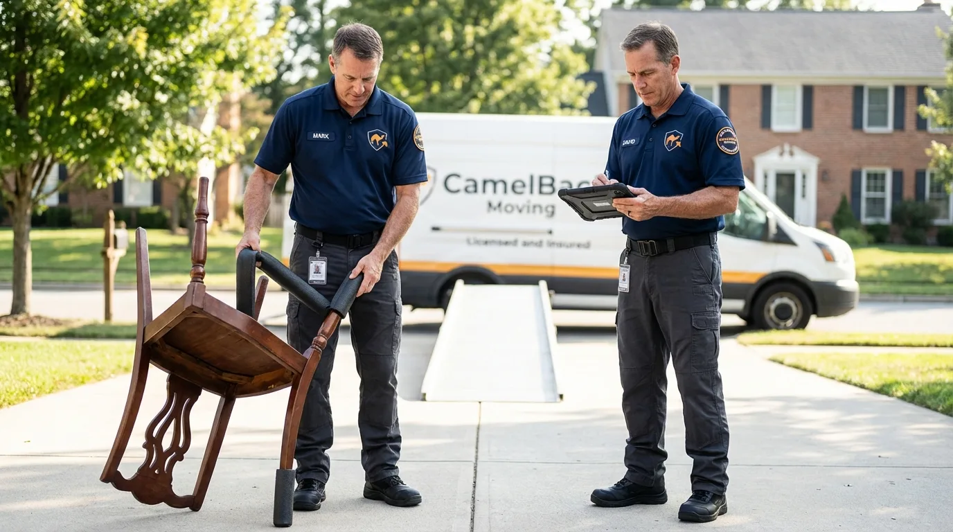 Movers inspecting furniture for damage prevention before loading in Rogersville, AL