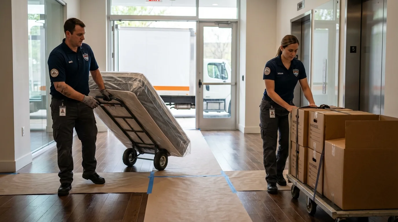 Professional apartment movers loading elevator in Rogersville, AL